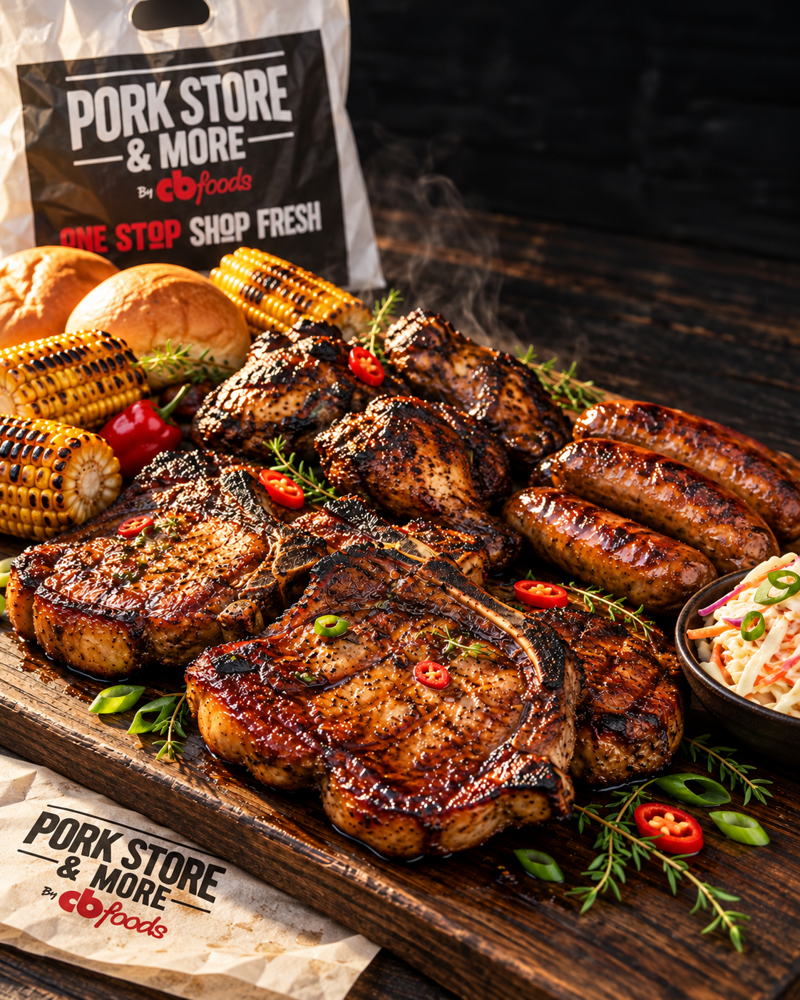 A grilled meal spread with Pork Store branded packaging